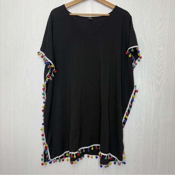 Black swimsuit cover up with multi color Pom poms size 2X - Picture 1 of 6